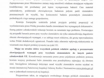 Komunikat Ministra Rolnictwa i Rozwoju Wsi