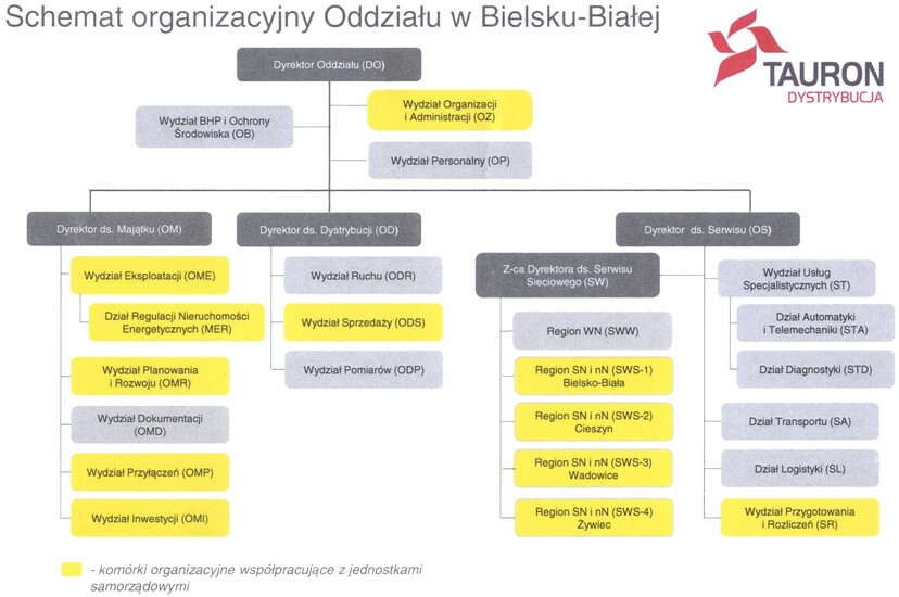 Schemat organizacyjny wydziałów firmy TAURON