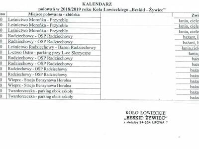 KALENDARZ polowań w 2018/2019 roku Koła Łowieckieg...