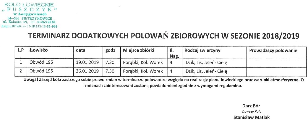 Zarząd Koła Łowieckiego &#039;&#039;Puszczyk&#039;&#039; w Łodygowicach przesyła dodatkowy terminarz...