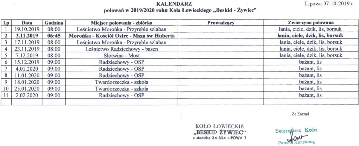 Koło Łowieckie: &#039;&#039;Beskid  - Żywiec&#039;&#039; - kalendarz polowań w sezonie 2019/2020